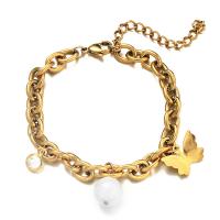 Stainless Steel Charm Bracelet, 304 Stainless Steel, with Shell Pearl, with 1.97inch extender chain, Butterfly, Vacuum Ion Plating, fashion jewelry & for woman & with rhinestone 7mm Approx 6.69 Inch 