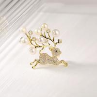 Freshwater Pearl Brooch, Brass, with Freshwater Pearl, Deer, 18K gold plated, micro pave cubic zirconia & for woman 