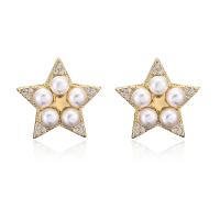 Cubic Zirconia Micro Pave Brass Earring, with Plastic Pearl, Star, 18K gold plated, micro pave cubic zirconia & for woman 