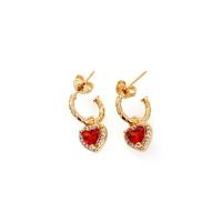 Brass Drop Earring, with Cubic Zirconia, Heart, gold color plated, for woman 