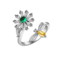 Brass Cuff Finger Ring, with Cubic Zirconia, Daisy, silver color plated, rotatable & for woman 12mm 