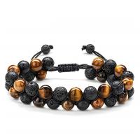 Gemstone Woven Ball Bracelets, Tiger Eye, with Knot Cord & Lava, handmade, Double Layer & fashion jewelry & Unisex Approx 7-9.4 Inch 