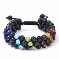 Gemstone Woven Ball Bracelets, with Knot Cord & Lava, handmade, three layers & fashion jewelry & Unisex, 6mm Approx 7.5-11.8 Inch 