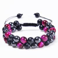 Gemstone Woven Ball Bracelets, Tiger Eye, with Knot Cord & Black Magnetic Stone & Abrazine Stone, handmade, Double Layer & fashion jewelry & Unisex, 8mm Approx 7-11.8 Inch 
