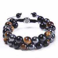 Gemstone Woven Ball Bracelets, Tiger Eye, with Knot Cord & Black Magnetic Stone & Black Agate, handmade, Double Layer & fashion jewelry & Unisex, 10mm Approx 7-11.8 Inch 