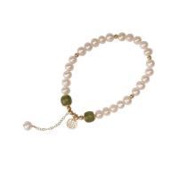 Pearl Sterling Silver Bracelets, 925 Sterling Silver, with Hetian Jade & pearl, gold color plated, for woman, white Approx 5.9 Inch 