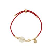 Jade Bracelets, 925 Sterling Silver, with Hetian Jade & Wax Cord, gold color plated, Adjustable & for woman, red Approx 5.9 Inch 