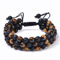 Gemstone Woven Ball Bracelets, Tiger Eye, with Knot Cord & Abrazine Stone, handmade, three layers & fashion jewelry & Unisex, 6mm Approx 7.5-11.8 Inch 
