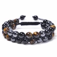Gemstone Woven Ball Bracelets, Tiger Eye, with Knot Cord & Black Magnetic Stone & Black Agate, handmade, Double Layer & fashion jewelry & Unisex 8mm Approx 7.5-11.8 Inch 