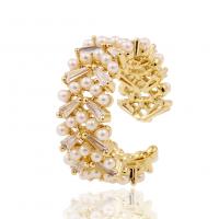 Brass Cuff Finger Ring, with Plastic Pearl, gold color plated, Adjustable & micro pave cubic zirconia & for woman 