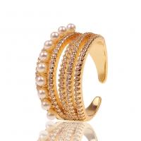 Brass Cuff Finger Ring, with Plastic Pearl, gold color plated, Adjustable & micro pave cubic zirconia & for woman 