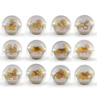 Natural Clear Quartz Beads, Round, stoving varnish, with chinese zodiac pattern & DIY & gold accent, white 
