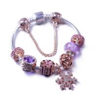 Zinc Alloy European Bracelets, with Lampwork, plated & snake chain & with rhinestone, rose gold color 