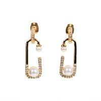 Cubic Zirconia Micro Pave Brass Earring, with Plastic Pearl, fashion jewelry & micro pave cubic zirconia & for woman 