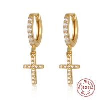 Huggie Hoop Drop Earring, 925 Sterling Silver, Cross, plated, micro pave cubic zirconia & for woman 