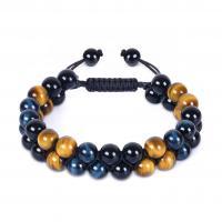 Obsidian Bracelet, with Tiger Eye & Hematite & Black Agate, Round, Double Layer & Adjustable & Unisex Approx 14.6-22.8 cm 