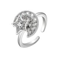 Латунь Манжеты палец кольцо, Луна и звезды, плакирован серебром, вращающийся & Женский & со стразами, серебряный, 13mm, продается PC