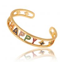 Brass Cuff Bangle, gold color plated, Adjustable & micro pave cubic zirconia & for woman & hollow 