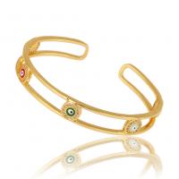 Brass Cuff Bangle, gold color plated, Adjustable & evil eye pattern & micro pave cubic zirconia & for woman & enamel & hollow, 60mm 