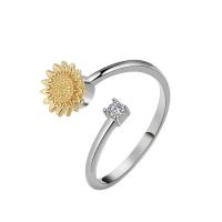 Brass Cuff Finger Ring, Sunflower, plated, rotatable & for woman & with rhinestone 15mm 