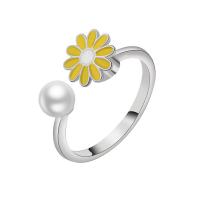 Brass Cuff Finger Ring, with Plastic Pearl, Daisy, silver color plated, rotatable & for woman & enamel 9mm 