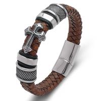 Acier titane bracelet, avec cuir PU, bijoux de mode & normes différentes pour le choix & pour homme, brun Vendu par PC