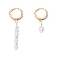 Asymmetric Earrings, Brass, with Freshwater Pearl, brass earring lever back clip, for woman, golden, 25- 