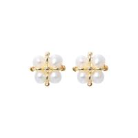 Freshwater Pearl Brass Earring, with Freshwater Pearl, brass post pin, plated, for woman, golden 