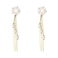 Fashion Fringe Earrings, Brass, with Freshwater Pearl, brass post pin, micro pave cubic zirconia & for woman, golden, 60mm 