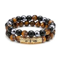 Gemstone Bracelets, Tiger Eye, with Obsidian & Hematite & Zinc Alloy, Round, plated, Unisex & anti-fatigue & micro pave cubic zirconia 10mm Approx 19-28 cm, Approx 