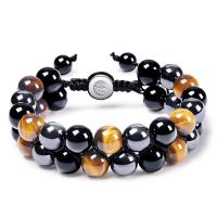 Gemstone Bracelets, Tiger Eye, with Obsidian & Lava & Hematite & Zinc Alloy, Round, platinum color plated & for man Approx 19-28 cm 