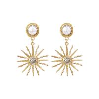 Rhinestone Brass Drop Earring, with Plastic Pearl, Flower, gold color plated, for woman & with rhinestone, 55mm 