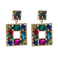 Zinc Alloy Rhinestone Drop Earring, with Glass Rhinestone, Square, gold color plated, for woman & with rhinestone & hollow 