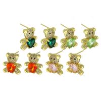 Cubic Zirconia Micro Pave Brass Earring, Bear, gold color plated, fashion jewelry & micro pave cubic zirconia & for woman 