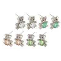 Cubic Zirconia Micro Pave Brass Earring, Bear, silver color plated, fashion jewelry & micro pave cubic zirconia & for woman 