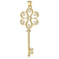 Brass Key Pendants, gold color plated, fashion jewelry & DIY & micro pave cubic zirconia, golden 