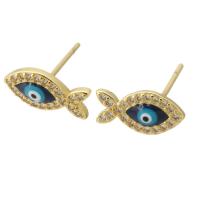 Boucles d'oreilles en laiton zircon cubique pavent, poisson, Placage de couleur d'or, bijoux de mode & DIY & motif de mauvais œil & pavé de micro zircon & émail, multicolore Vendu par paire