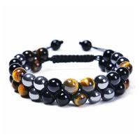 Gemstone Bracelets, Natural Stone, with Obsidian & Hematite & Black Agate & Zinc Alloy, Round, plated, Double Layer & Unisex & anti-fatigue 8mm Approx 19-30 cm 