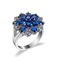 Zirkonia Messing Finger Ring, Blume, Platinfarbe platiniert, Modeschmuck & unisex & verschiedene Größen vorhanden & mit kubischem Zirkonia, royalblau, verkauft von PC