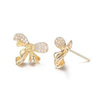 Brass Earring Stud Component, Bowknot, 14K gold-filled, DIY & micro pave cubic zirconia, golden 
