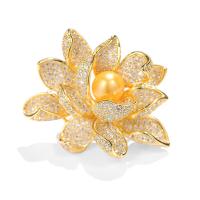 Brass Brooch, with Shell Pearl, Lotus, plated, micro pave cubic zirconia & for woman 