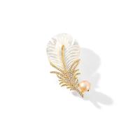 Brass Brooch, with White Shell, Feather, 18K gold plated, micro pave cubic zirconia & for woman 