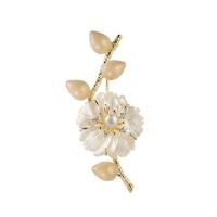 Freshwater Pearl Brooch, Brass, with Shell Pearl & White Shell & Freshwater Pearl, Flower, 18K gold plated & micro pave cubic zirconia & for woman & enamel 