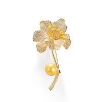 Freshwater Pearl Brooch, Brass, with Shell Pearl & Freshwater Pearl, Lily, plated & micro pave cubic zirconia & for woman 