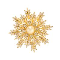 Freshwater Pearl Brooch, Brass, with Shell Pearl & Freshwater Pearl, Snowflake, plated & micro pave cubic zirconia & for woman 