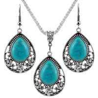 Fashion Zinc Alloy Jewelry Sets, with Synthetic Turquoise, with 2.56Inch extender chain, Teardrop, silver color plated, vintage & for woman, blue Approx 17.72 Inch, Approx 