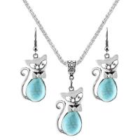 Fashion Zinc Alloy Jewelry Sets, with Synthetic Turquoise, with 2.56Inch extender chain, Cat, silver color plated, vintage & for woman, blue Approx 17.72 Inch, Approx 