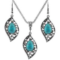 Fashion Zinc Alloy Jewelry Sets, with Synthetic Turquoise, with 2.56Inch extender chain, Leaf, silver color plated, vintage & for woman, blue Approx 17.72 Inch, Approx 