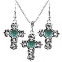 Fashion Zinc Alloy Jewelry Sets, with Synthetic Turquoise, with 2.56Inch extender chain, Cross, silver color plated, vintage & for woman, blue Approx 17.72 Inch, Approx 