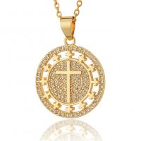 Cubic Zircon Micro Pave Brass Necklace, Cross, gold color plated, micro pave cubic zirconia & for woman, golden .7 Inch 